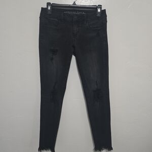 American eagle 4 distressed super low/super stretch fringe ankle skinny jean